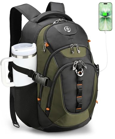 Swissdigital Design Laptop Backpack with USB Charging Port, Travel Backpack Fits 15.6 inches Computer, 31L College School Backpack for Men, Olive/Black | SD803-26