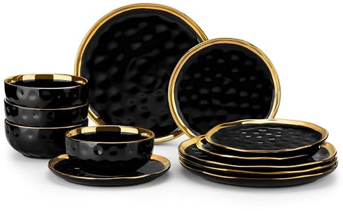 LOVECASA 12 Pieces Plates and Bowls Sets, Porcelain Black and Gold Dinnerware Sets, Round Dinner Plates Dishes Set Service for 4, Dishwasher Safe and Scratch Resistant, Black and Gold