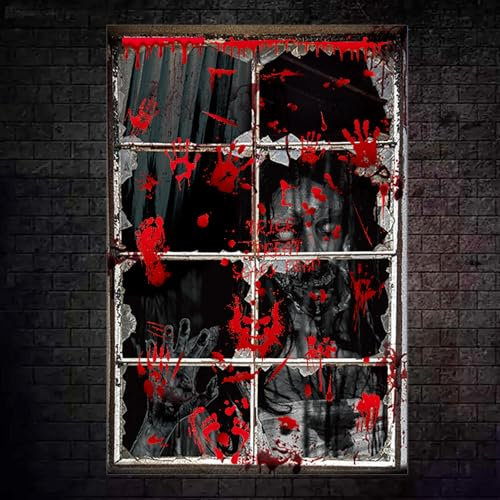 Halloween Deko Gruselig Fensterbilder,47 * 31.4 Zoll Halloween Fensterklemmen Dekor,Wiederverwendbare Blut Aufkleber für Innen Outdoor Garden Haunted House Zombie Party