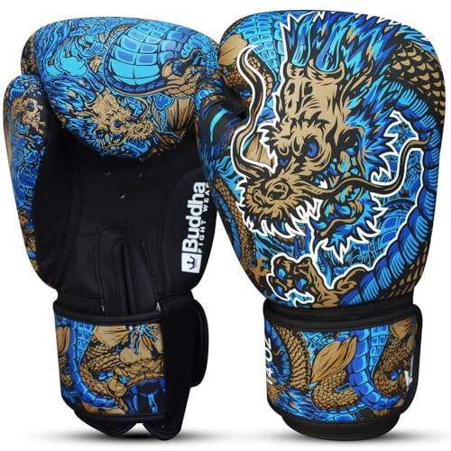 BUDDHA FIGHT WEAR - Guantes de Boxeo Dragon Azules diseñados para Entrenamientos y Sparring en Muay Thai Kickboxing Fitness - Hombres y Mujeres - 10 oz