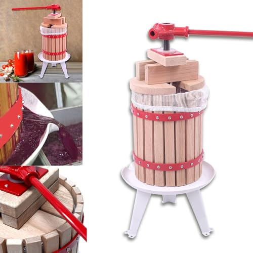 MAYTIIMO Eiche Obstpresse 6L, Saftpresse Manuell mit Pressnetz Druckplatte und Metallspindel, Apfelpresse Mobile Fruchtpresse Weinpressen für Obstweine Fruchtsäfte Apfelsaft Beerenpresse