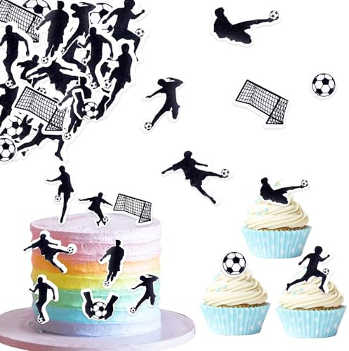 ENLACE Essbare Tortendeko Fussball,48 Stück Fußball Tortendeko Geburtstag Junge,Kuchen Deko Fußball,Essbare Fussball für Torte,Esspapier Cupcake Topper,Tortenaufleger Geburtstag