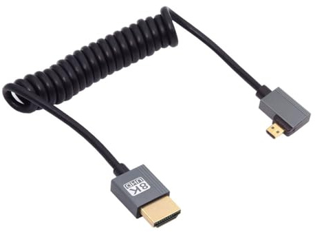cablecc Cable de 100 cm de 8 K 60 Hz Micro HDMI tipo D 2.1 macho a HDMI macho en espiral extensible en ángulo recto para HDTV, ordenador, ordenador portátil, monitor