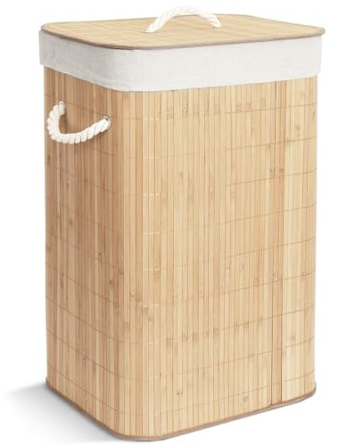 VOUNOT® Panier à Linge 72L Rectangulaire en Bambou Corbeille à Linge Pliable avec Couvercle et 2 Sacs Amovibles pour Salle de Bain Chambre et Buanderie Teinte Bois Naturel