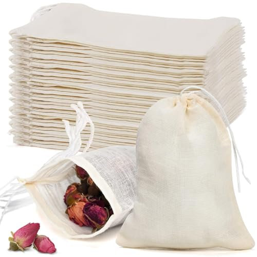 Tea Filter Bags, 50 Pack Muslin Drawstring Bags, Tea Bags for Loose Tea, Spice Bags, Small Cheese Cloth Cotton Bag for Straining, Reusable Mesh Bags Tea Coffee Filter Spices Storage (10 x 8 cm)