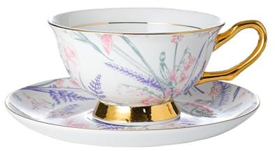 Elegante juego de té de cerámica con tazas y platillos coloridos, perfecto para disfrutar del té y el café de la tarde inglesa
