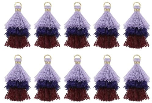 QUARKZMAN 10 Stück Winzige Dreischichtige Quasten 1,6 Mini Taschenanhänger Böhmische Handgefertigte Quasten Schlüsselanhänger für DIY Projekte Schmuckherstellung (Lila/Dunkelblau/Kaffee)