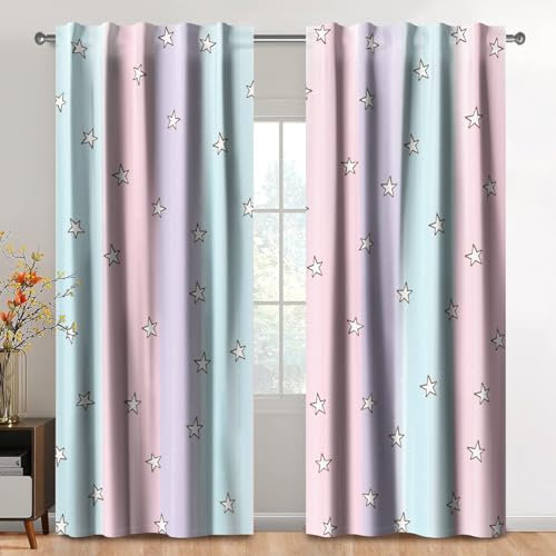 Kzzfqxb Cortinas de Estrellas arcoíris de 117x183cm 2 Paneles, Color Azul Rosa y Morado Elegantes para Dormitorio de niñas, Sala de Estar, decoración Ligera