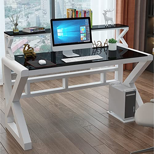 GLMGBP Computertisch aus gehärtetem Glas mit Bücherregal | Moderner Schreib- und Arbeitstisch für das Homeoffice mit Metallrahmen | Schlichtes Schreibtischdesign | Aufbewahrungslösung