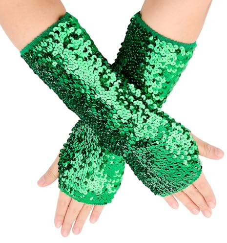 CABODYALS 1 Pair Sequin Fingerless Gloves Glitter Stretchy Arm Sleeves Sparkly Shiny Sequins Oversleeves Elastic Long Rave Gloves Bulk for Women Evening Party Costume Dance Accessories