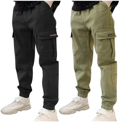 duxyoz 2 Pack Boys Cargo Trousers Kids Sweatpants with Multi Pockets Elastic Waist Sports Pants Durable Casual Cotton Trousers Solid Color Classic Streetwear Tapered Leg Running Joggers 12-13 Years