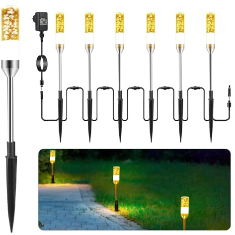 IRISECO Gartenbeleuchtung 6er, Gartenleuchte mit Erdspieß, IP65 Wasserdicht LED Gartenstrahler mit Stecker, Gartenlampe mit Kabel, Außen Gartenleuchten Warmweiß 2700K für Rasen, Terrasse, Hof(570LM)