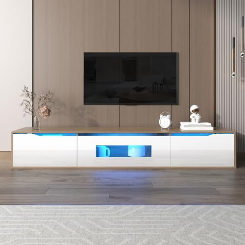 BursDany Meuble TV Moderne, Banc TV avec Éclairage LED et 3 Compartiments, pour Salon ou Chambre, Bois et Blanc Brillant, 180x35x30 cm
