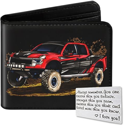 Qoibraze Kids Wallet for Boys Teen, Funny Bifold Leather Purse Age 6-8 9-12 12-14, Cool Boy Wallet for Kids, Small Wallets with Coin Pocket for Childrens Birthday Christmas Gifts (Truck-Red)