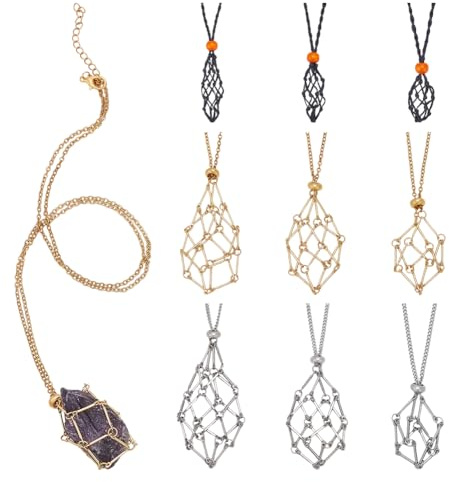 PH PandaHall 3 Styles 9pcs Porte Colliers en Cristal en Acier Inoxydable Porte Cristal Collier Réglable en Polyester Pierres Précieuses Cage Colliers pour L'Été Femmes Hommes Fabrication de Bijoux