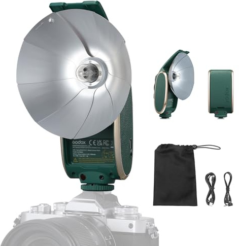 Godox Lux Senior Retro Camera Flash kit with Diffuser, GN14 1700mAh 6000K±200K CCT, Automatic & Manual Modes 1/1-1/64 Flash Power (Forest Green)