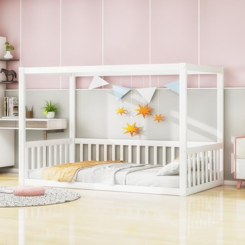 Generisch er-Standbett 90 x 200 cm, Himmelbett Massivholz Bettgestell für er Jugendliche Weiß