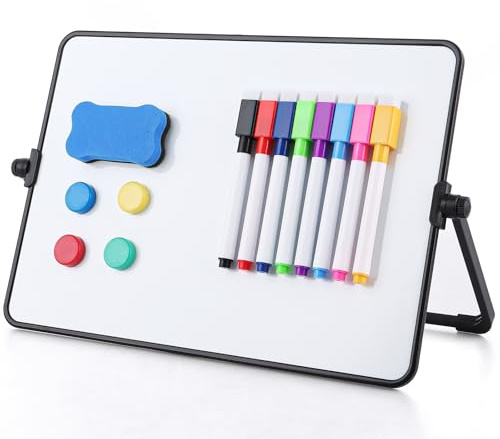 Lychico A4 Magnetic Whiteboard with Stand, 21 x 30 cm Double-Sided Dry Erase Board, Includes 8 Markers & 1 Eraser & 4 Magnet,Portable Board Easel for Office, Classroom,Students, Kids