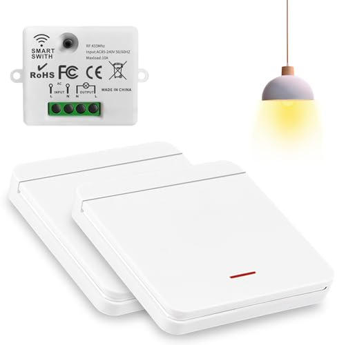 Interrupteur Sans Fil 230V, Installer Interrupteur sans percer, Interrupteurs Télécommande pour garage Salon, Escalier, Extérieur (2 Interrupteur+1 Récepteur)