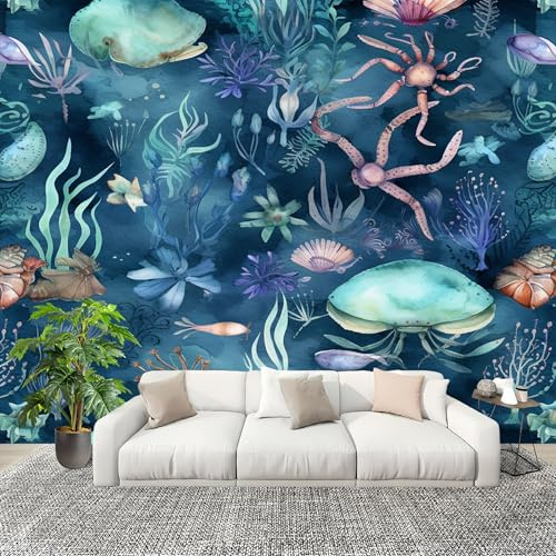 Carta Da Parati Fotografica 3d Effetto Acquerello Alghe Granchio Corallo Moderna Design Carta per Pareti Soggiorno Camera Da Letto Sala Blu Fotomurali In Tessuto Non Tessuto TNT 200x140 cm