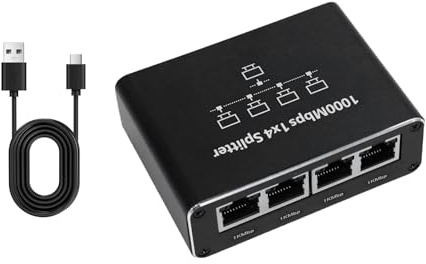 LAN Switch 1 Auf 4 1000 Mbit/s, Ethernet Switch mit 4 Port RJ45, LAN Splitter aus Aluminium mit USB Stromversorgung, Netzwerk Verteiler für Router, PC, TV und Konsole