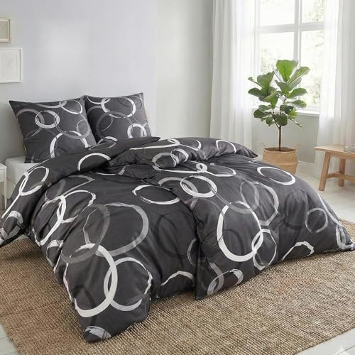 Kuscheli 4-teilige Bettwäsche 135x200 – Mikrofaser Oeko-TEX, 2 Bettbezüge 135x200 & 2 Kissenbezüge 80x80, Reißverschluss, weich & bügelfrei – Kreise Anthrazit
