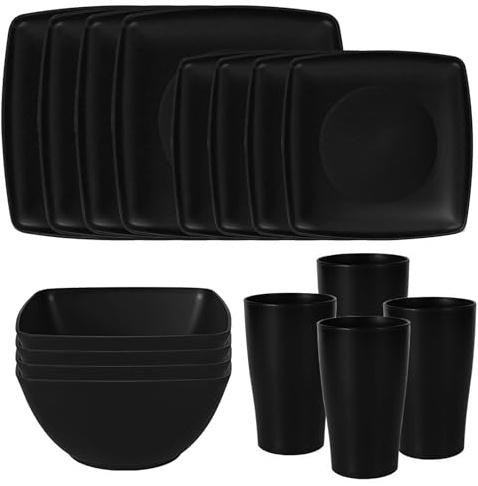 ChioSun 16 Pieces Unbreakable Plastic Square Dinnerware Set (Black) | Kitchen Plates and Bowls Set, Microwave & Dishwasher Safe, Reusable Tableware for Outdoor Camping, Picnics, Everyday Use