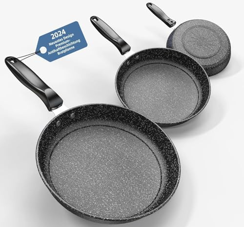Kiseely Pfannenset 3-teilig, 26cm+28cm+30cm Bratpfanne 3-teiliges Set zum Kochen, professionelle Bratpfannen mit Antihaftbeschichtung und kühl bleibendem Griff, PFAS-frei, spülmaschinenfest (BC1)