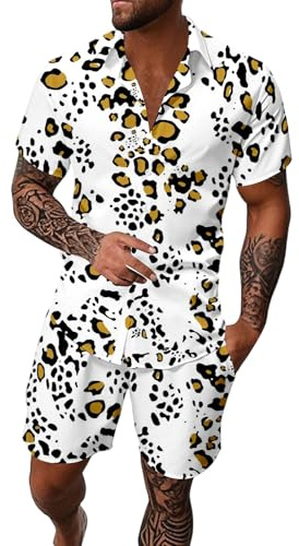 Ropa de vacaciones en la playa para hombre, traje de playa hawaiana, camiseta y pantalones cortos, juego de traje de manga corta para hombre, con estampado de leopardo, traje de camisa para verano y