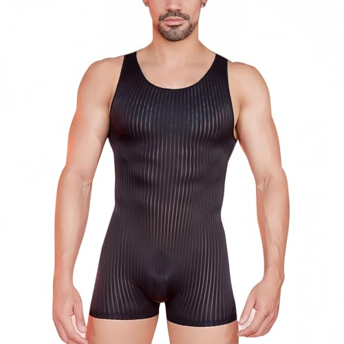 MANJIAMEI Wrestling Singlet - Tuta da uomo senza maniche, in maglia trasparente a righe, body aderente a un pezzo, per festival rave club e notte, Nero , Taglia Unica