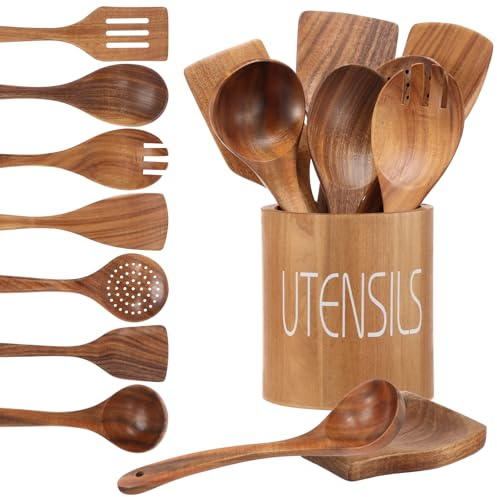 9 Pcs Teak Wooden Spoons for Cooking - Natural Wood Kitchen Utensils Set with Holder & Spoon Rest - Non-Stick, Heat Resistant, Wooden Spatulas & Spoons for Nonstick Cookware