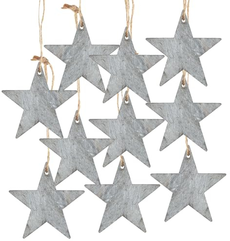 Weihnachtsanhänger Sterne, 10 Stück: Holzanhänger Stern, Geschenkanhänger Holz Weihnachten, Anhänger Geschenke, Weihnachtsbaum & Zweige, Christbaumschmuck Grau, 10 cm