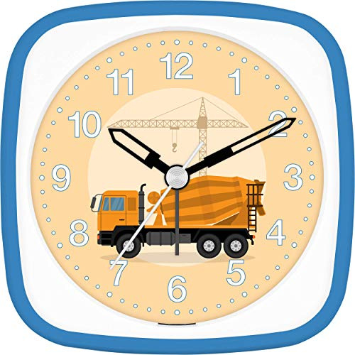 Eurotime Wecker Jungen Baustelle Betonmischer LKW Kran, Kinderwecker, Blau, Kunststoffgehäuse und Kunststoffglas, geräuscharmer Wecker, ohne Ticken, mit Licht und Weckwiederholung, 27145-08
