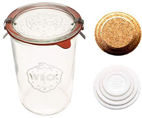 Weck Einmachglas 743-3/4 L Weckform Gläser aus Klarglas - Umweltfreundliches Einmachglas - Frischhaltedosen mit Deckel luftdicht - 1 Glas mit Korkdeckel und Frischhaltedeckel