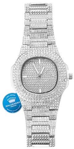 Halukakah Vergoldete Uhr Iced Out,Herren Platin Weißgold Plattiert Quarzarmband 9.5,Volle Cz Labordiamants Zinken-Set, KOSTENLOSE Geschenkbox