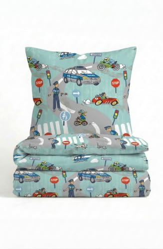 biberna Premium Biber Bettwäsche 135x200 cm türkis | Biber 2-teilig mit Kissenbezug 80x80 cm | 100% Baumwolle | weich, wärmend | Reißverschluss | Kinderbettwäsche | Polizei | Modell 0004525
