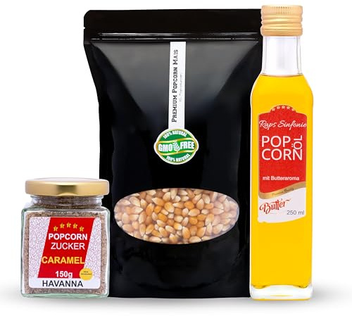 Hopser Food Fun Partyset 500g Popcornmais,250ml Popcorn mit Butteraroma und 150g Karamellzucker Popcornset für Popcornmaschine