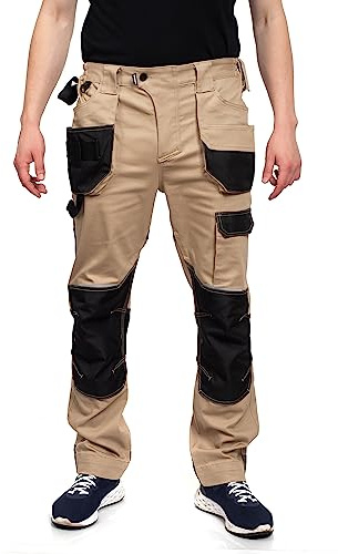 DINOZAVR Flex Pantalon De Travail Homme Avec Passants De Ceinture, Pantalon Cargo Homme Extensible, Fermeture Éclair YKK, Poches Arrière Et Cargo, Renforts Oxford 600D, Élasticité Optimale Kaki - EU50