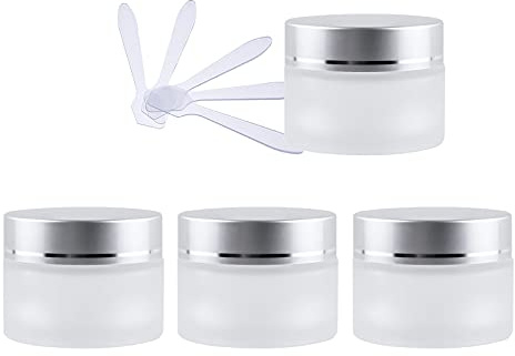 ZEOABSY 4 Stück Leere Matt Transparent Glas Cremedose 50ml mit Matt Silber Deckel, Klarglas Schraubdeckel Glas-Tiegel Schraubdose Glas-Dose Salbentiegel Kosmetik Dose für Gels Cremes + 4X Spatel
