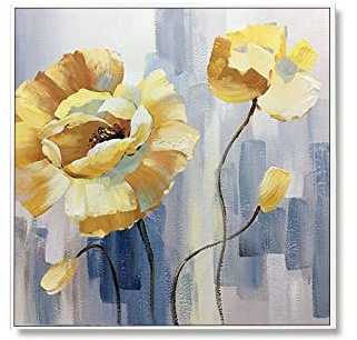 Ölbilder Auf Leinwand Handgemalt,Moderne Abstrakte Gelbe Blume Ölmalerei 100% Handgezeichnete Acrylmalerei Kunstwerk, Große Nordische Pflanze Blumen Gemälde Rahmenlose Coole Bilder Kunstwand Für