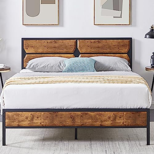 VECELO - Marco de Cama de 140 x 190 cm, con Cabeza de Madera, somier de Plataforma de Metal, con Soporte de láminas sólidas y Espacio de Almacenamiento, Montaje fácil, Color marrón