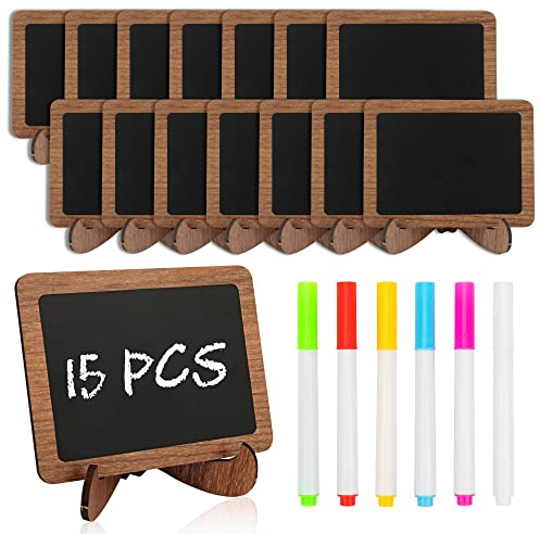 Temlum 15 Pcs Mini Chalkboard Sign with 6 Color Chalk Markers, 2.9″ x 3.9″ Wooden Blackboard Reusable Small Chalkboards for Food, Buffet, Parties, Message Boards, Table Numbers (Rectangular)