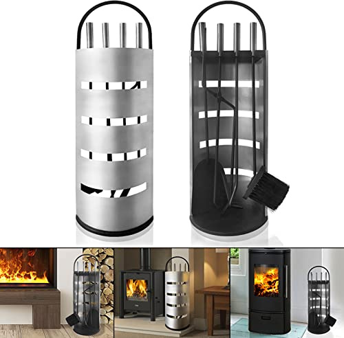 LZQ Kaminbesteck Silber 5-tlg. Modern Edelstahl Kaminzubehör, Kaminofen Zubehör Set mit Schürhaken, Ascheschaufel, Kaminzange, Kaminbesen & Ständer, für Wohnaccessoires Kaminreinigungsset