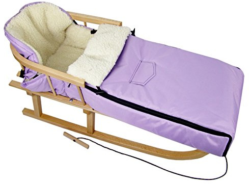 Kombierbjudande träsläde med ryggstöd och dragrep + universell vinteråksäck (108 cm), även lämplig för babystol, barnvagn, buggy, lammull, uni (syren + släde)