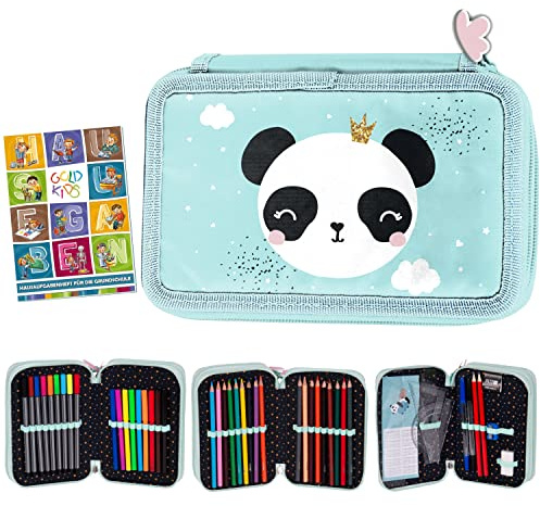 Goldkids Federmappe Federtasche Panda 3-fache Federmäppchen 45-teilig gefüllte Schüleretui Stifte und Pinsel inkl. Aufgabenheft Federbox Etui Stiftetasche Schlamper-Etui Schul-Etui