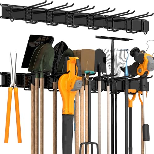 Storaboks Heavy Duty Garage Storage Rack System, Wall Mounted Tool Organizer with 8 Double Hooks, 3 Rails, Garden Yard Tools Hanger for Ski Gears, Broom, Rake, Shovel