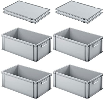 PROREGAL SuperSparSet 4x Eurobehälter mit geschlossenem Griff & Scharnierdeckel | HxBxT 22x40x60cm | 38 Liter | Grau | Eurobehälter Transportbox Transportbehälter Stapelbehälter