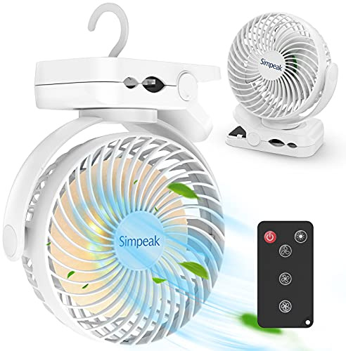 Simpeak 10000mAh Ventilateur USB avec Télécommande Mini Ventilateur Portable de Camping Ventilateur de Table Pince avec 3 Vitesses| 3 Modes de Lumière LED| Rotation à 720°