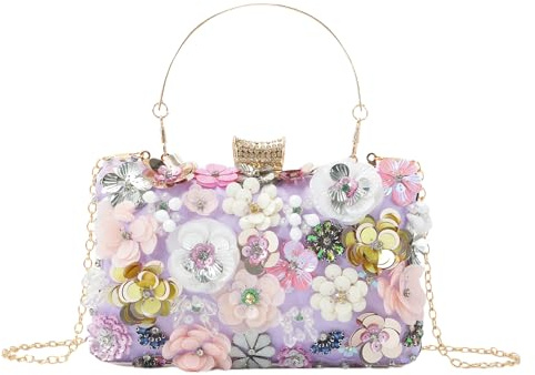 Fecialy Damen-Handtasche mit Blumenmuster, bunte Strasssteine, Clutch, Geldbörse, Braut, Hochzeit, Handtasche, Kette, Schultertasche, Violett