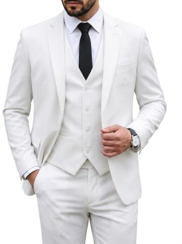 Hihawk Traje de 3 Piezas para Hombre con Tela elástica, Color sólido, Ajustado, Conjunto de Blazer de un botón, Chaqueta Chaleco Pantalones con Corbata., Blanco Puro, Medium